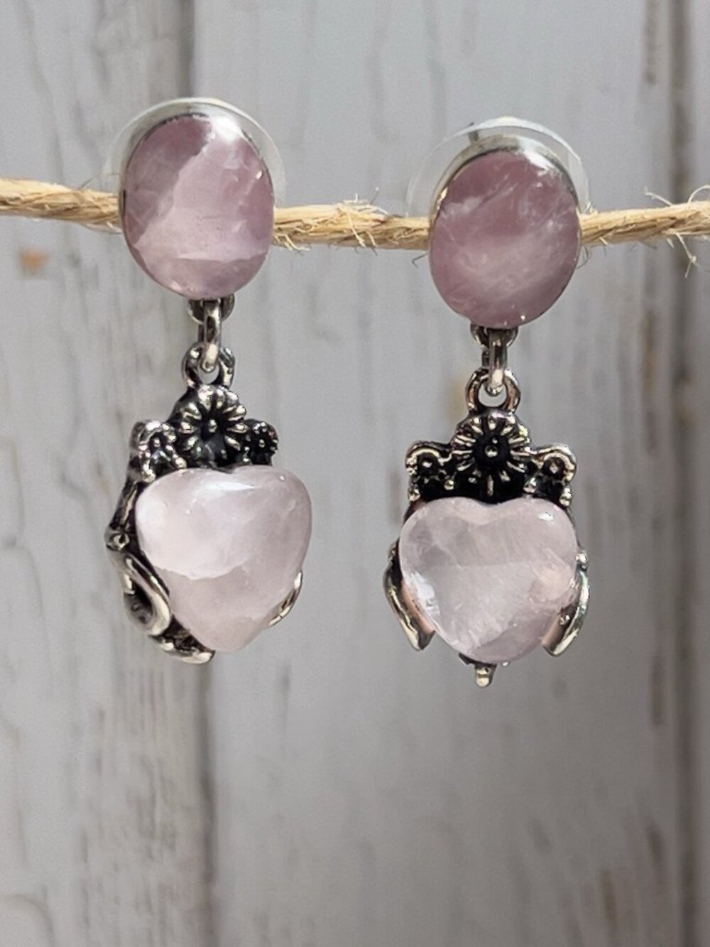 Rose Quartz Heart Dangle Earrings, 950 Silver, Post Back